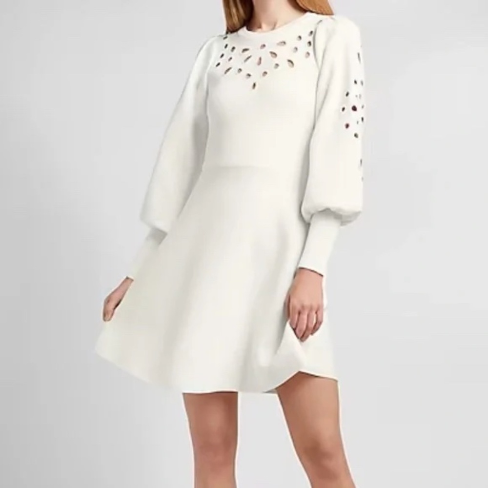 EXPRESS EYELET LACE FIT AND FLARE SWEATER DRESS MEDIUM WHITE